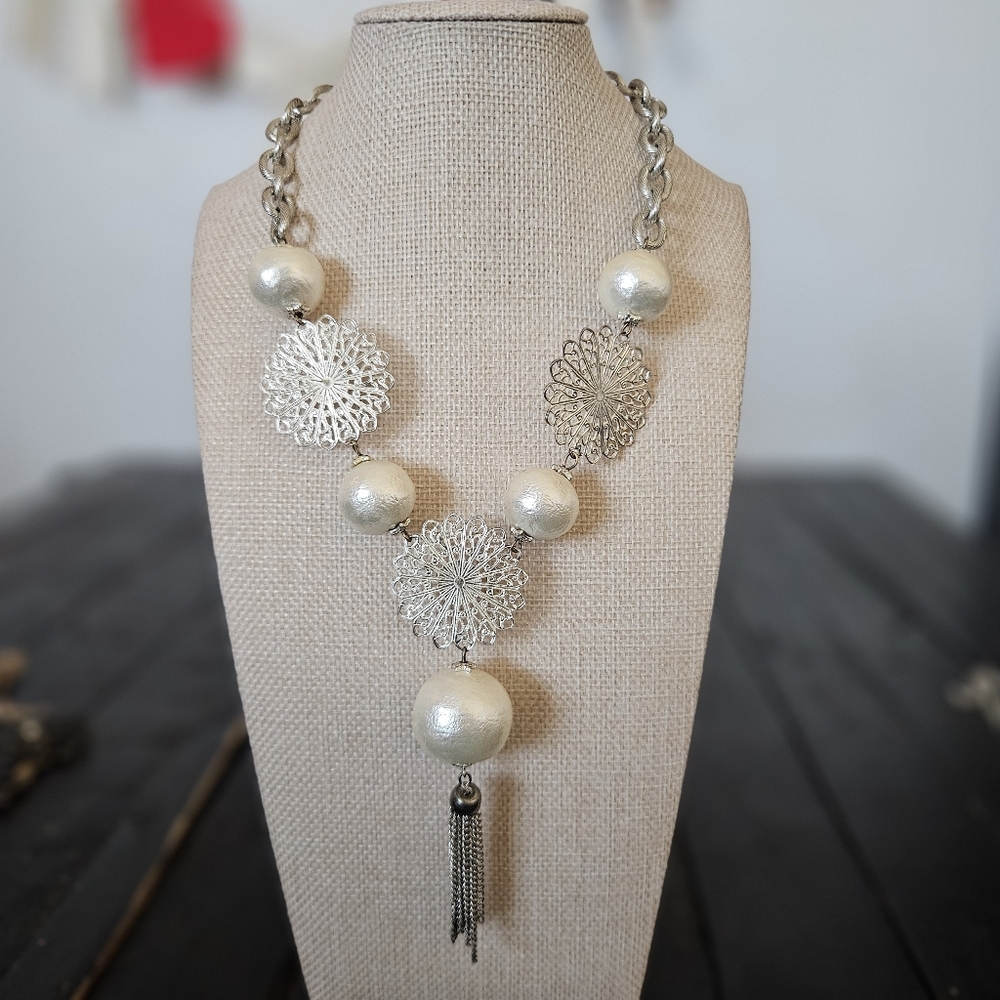 Elegant Silver Statement Necklace Tassel Chunky Bead Filigree Women's Jewelry